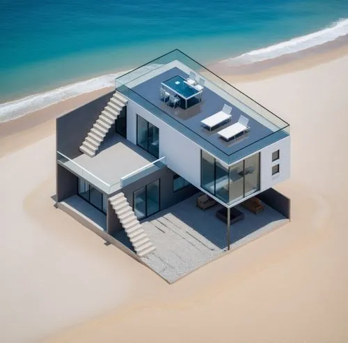 Modern Villa on the beach,dunes house,beach house,beach hut,inverted cottage,cubic house,beachhouse,cube house,cube stilt houses,electrohome,coastal protection,lifeguard tower,oceanfront,holiday home,
