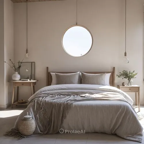 Oasis Designs.  An natural tone to a minimalistic room.,bedroom,round window,anastassiades,linen heart,wall lamp,circle shape frame