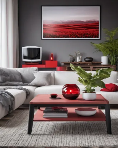 
modern cozy living room inspired by zen philosophy. On the coffee table there is white sensor. sensor has red LCD screen. The screen has text "2000 ppm". room has cool tones and black wood accents. e