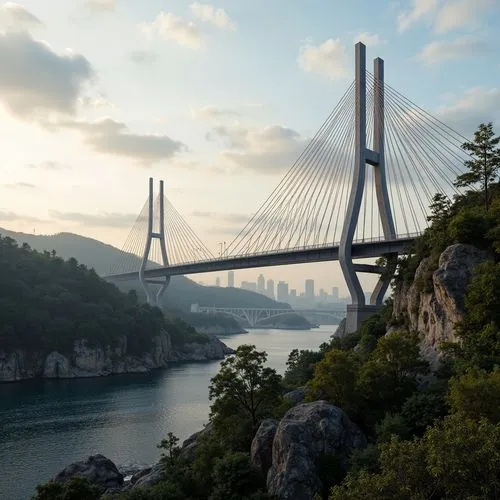 Futuristic suspension bridge, sleek metallic cables, majestic arches, towering piers, dynamic curved lines, innovative materials, advanced engineering solutions, breathtaking vistas, misty mornings, s