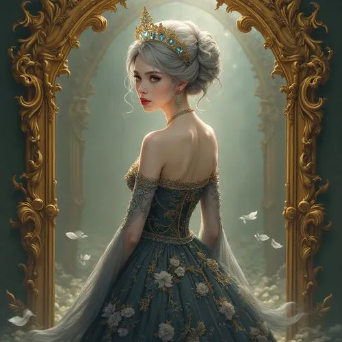 A sophisticated, fantasy-style digital illustration of an ethereal, regal woman standing with her back to the viewer, framed by a large, ornate golden mirror with baroque-style scrollwork, floral patt
