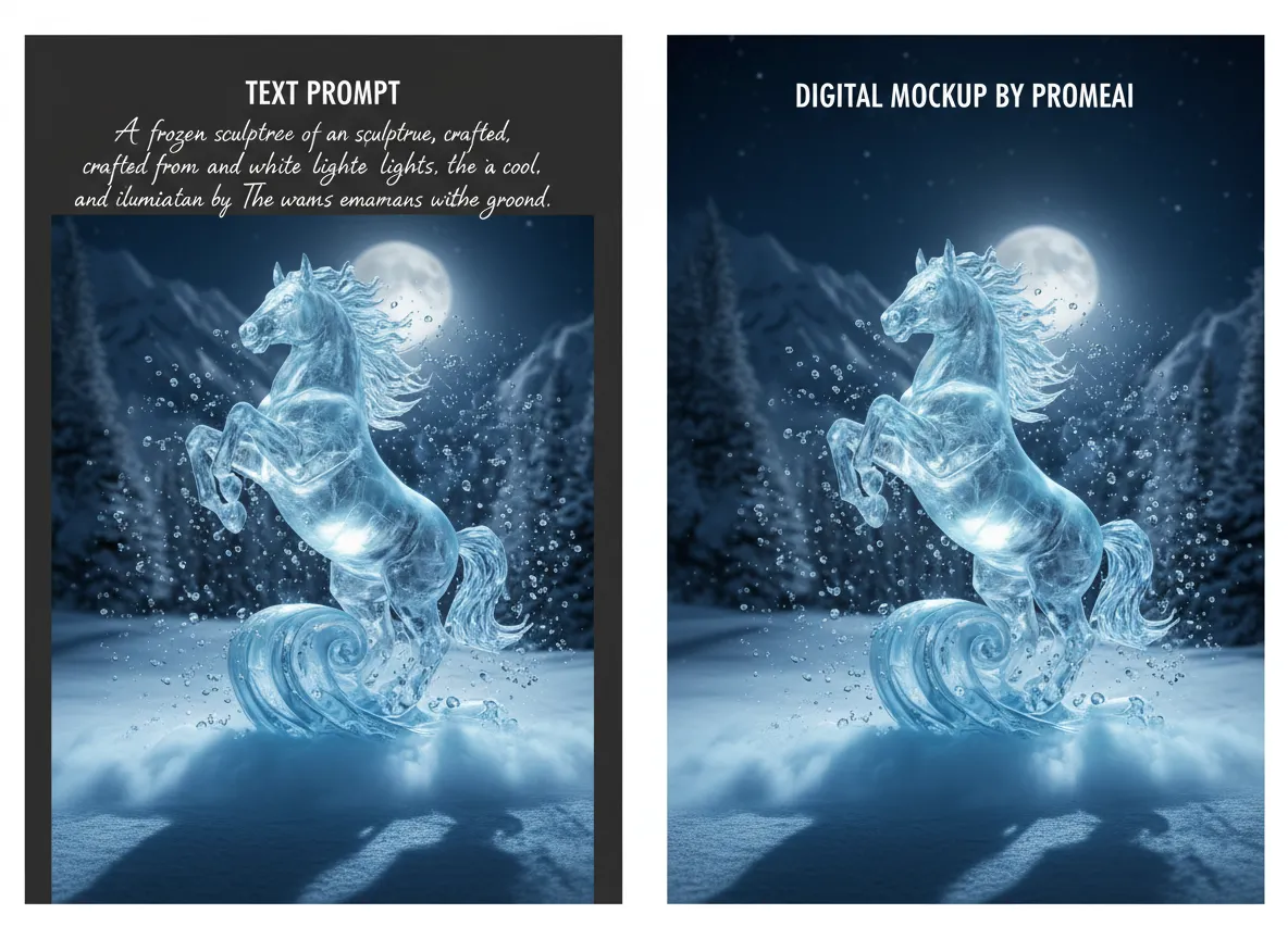 Confronto affiancato che mostra un prompt di testo per una scultura di ghiaccio e lo straordinario e realistico mockup digitale generato da PromeAI.