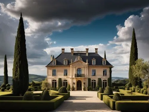 modern black asphalt shingles, steeply pitched roof, luxurious mansion, French Renaissance style, ornate stone carvings, grand entrance, large windows, sprawling villa, Tuscan landscape, rolling hills