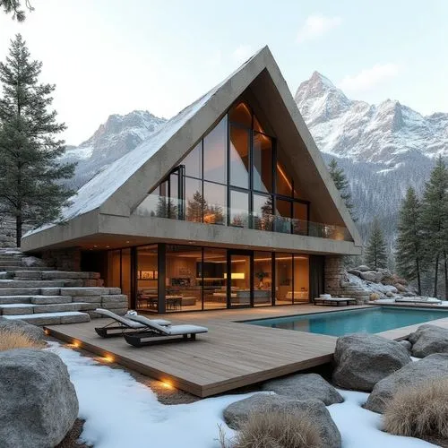 A hyper-realistic, high-resolution architectural photograph of a luxurious, alpine-style modern villa nestled in a mountainous landscape. The home features a prominent A-frame roof and is constructed