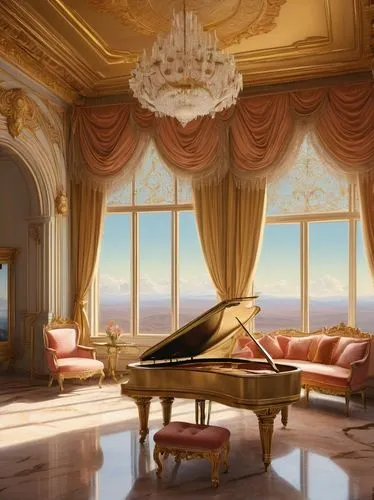 Colette inspired, luxurious interior, ornate golden frames, velvet sofas, intricately carved wooden coffee tables, lavish crystal chandeliers, soft pastel color palette, delicate lace curtains, elegan