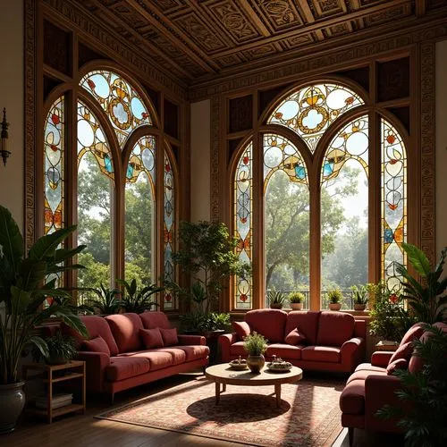 Intricate Art Nouveau architecture, flowing organic lines, ornate metalwork, stained glass windows, iridescent colors, beveled glass surfaces, curvaceous forms, botanical motifs, luxurious textiles, w