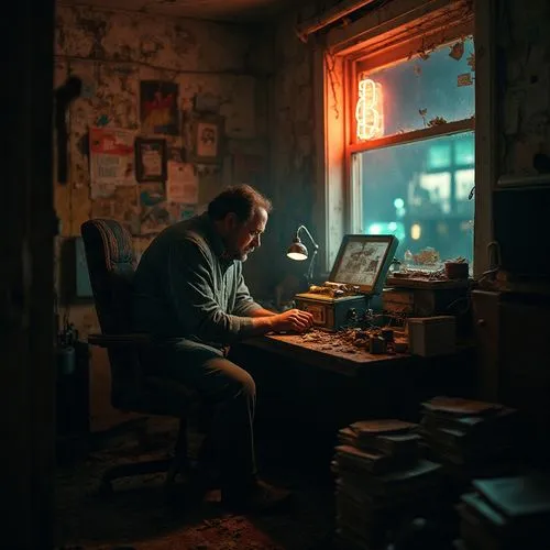 Within a decrepit apartment, illuminated solely by the flickering light of a malfunctioning neon sign outside the window, a man sits at a cluttered desk. Surrounded by obsolete electronics and stacks 