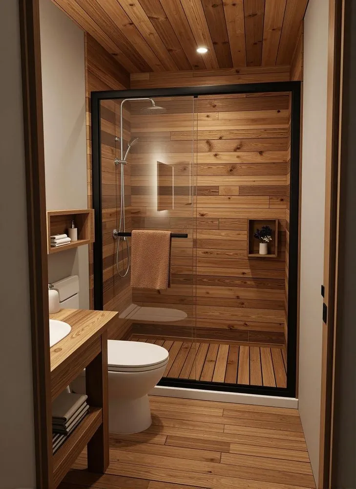 wood paneled bathroom with wood flooring and tile