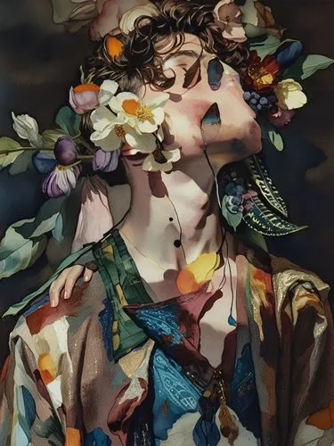 a painting of a girl's face with flowers coming out of it,girl in a wreath,flower fairy,girl in flowers,falling flowers,baroque angel,flora,fallen petals,the sleeping rose,fallen flower,baroque,narcis