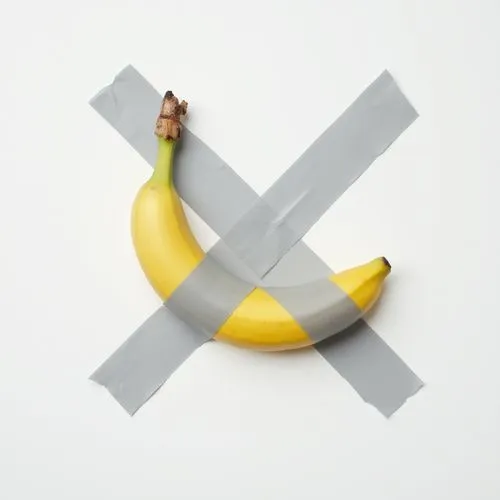 banana is taped with two grey stripes adhesive tapes to a white wall, the stripes are glued in a cross,the banana has duct tape around it to protect it from being cut,banane,monkey banana,banana,banan