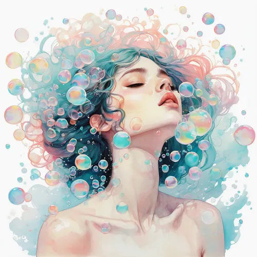 Many bubbles are gently blowing up in the white water, illustration, pastel colors, white background,bubble mist,liquid bubble,watery heart,bubbles,soap bubbles,immersed,water colors,bubble,bubble blo