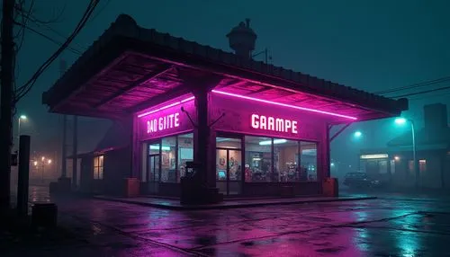Neon-lit gas station, gothic architectural style, bold black steel beams, vibrant neon signs, retro-futuristic vibe, dark mysterious night scene, cityscape backdrop, glowing purple and green hues, ind