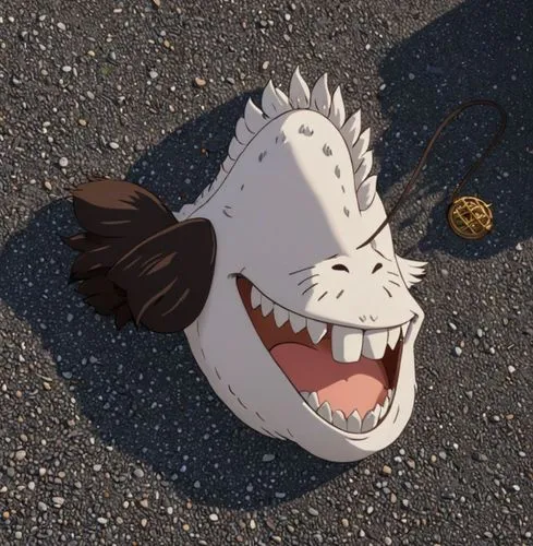 side view,a cardboard model of an angry creature that is laying down,cow head,teeth,laughing horse,toothy,gnaw,horse head,tooth,maw,comedy tragedy masks,greedier,big mouth,grin,bite,chomper,megaphone,