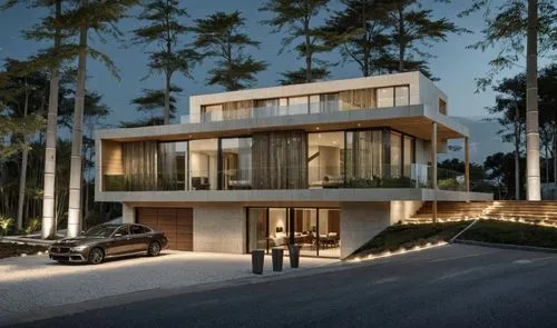 a modern house that has a car parked in front,modern house,dunes house,modern architecture,contemporary,holiday villa,residential house,luxury property,villa,residential,villas,prefab,luxury home,resi