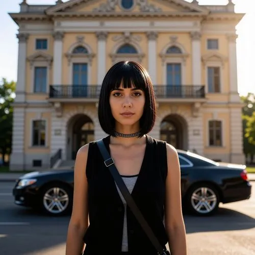 A beautiful girl of 34 years old in a very nice outfit is standing straight in front of a beautiful building, inverted bob with bangs hairstyle, with a car in the background, looking straight into the