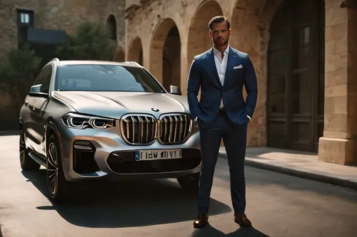 A man wearing a suit stands in front of a bmw Suv, in the style of intense chiaroscuro portraits, luxurious interiors, polished concrete, mechanical designs, strong facial expression, dotted, 32k uhd,