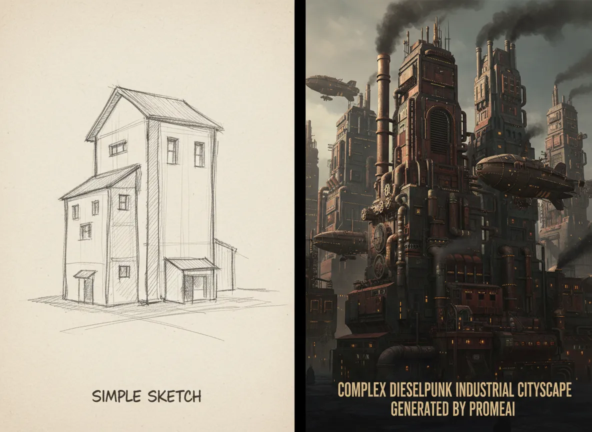 Ein direkter Vergleich, der eine einfache Skizze eines Gebäudes und die von PromeAI generierte komplexe Dieselpunk-Industriestadt zeigt.