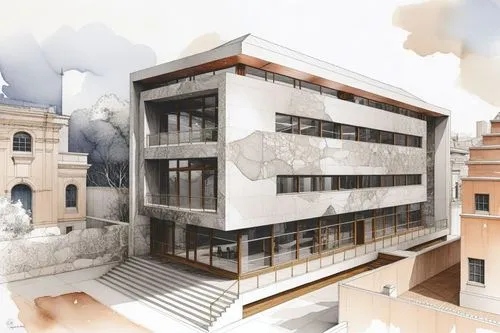 a building with lots of windows next to tall buildings,school design,multistory,lofts,redevelopment,cubic house,JGS