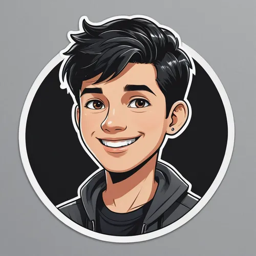 Round youtube logo with portrait head of a smiling 28 year old boy white short black hair style with in cinematic face lighting casual clothes cartoon realistic,skype icon,flat blogger icon,vector ill