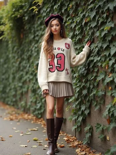 A playful fall outfit with an oversized graphic sweater, a pleated mini skirt, and knee-high boots. She’s posing by a wall covered in ivy, with a beret and hoop earrings adding a fun, youthful twist t