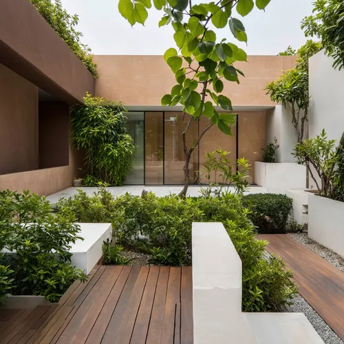 a classic courtyard villas, sustainable modern design,an outdoor courtyard with wooden decks and trees,landscaped,courtyards,courtyard,dunes house,patios,patio,exposed concrete,roof garden,cubic house