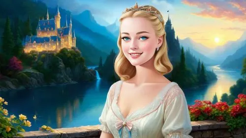 Romantic masterpiece oil painting, cute girl portrait, nostalgic 1950's style kitsch, breathtaking beautiful kingdom landscape, majestic fantasy scenery, evening lighting, highly detailed highres, abs