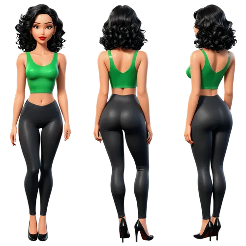Create only high resolution images, pixar 3d, 4k, character sheet style, like a paper doll, A pose style. She must be wearing shiny black lycra leggings, a green cropped top t-shirt with a V-neck. On 