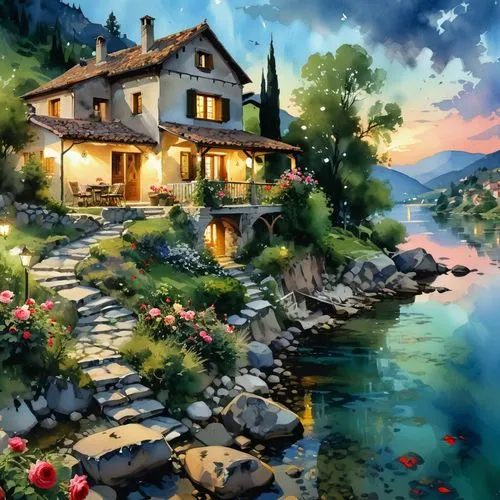 Silence of country houses,near a river, stones, roses, night vision, magnefic view, improve and Enchanting stunning visually, deep breath pro-style digital oilpainting art, ink spirit, watercolor wax 