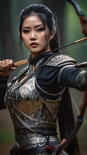 Stainless steel East Asian girl, black makeup, shiny metallic hair, metallic face and body, archery,female warrior,mulan,warrior woman,katana,yi sun sin,swordswoman,3d archery,eskrima,asian woman,samu