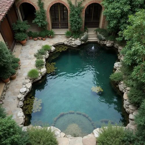 Alien fish pond, top view of villa courtyard, two thirds of the area of fish pond, no aquatic plants on the water surface, European courtyard style, no rocks on the water bottom, no foam ripples on th