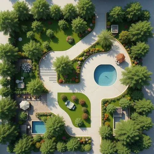 Create a top-down view of a landscape design in Photoshop for a modern residential project. The environment should include a mix of lush green lawns, walking paths, strategically placed trees, and var