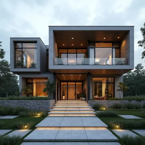 A hyper-realistic, high-resolution architectural photograph of a contemporary, two-story luxury home featuring a prominent A-frame roofline and a striking, double-height glass façade. The exterior wal