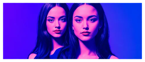 9 aspect ratio, high definition, vivid colors, panoramic view, gentle light, soft focus, warm tone, shallow depth of field.,two woman with very blue eyes pose for a po,derivable,jaszi,blue background,