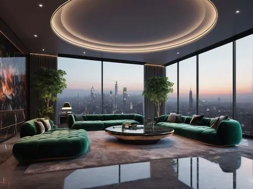 Futuristic interior, year 2024, luxury living room, minimalist chic, sleek lines, metallic accents, LED lighting, floor-to-ceiling windows, cityscape view, low-poly furniture, velvet sofas, marble cof