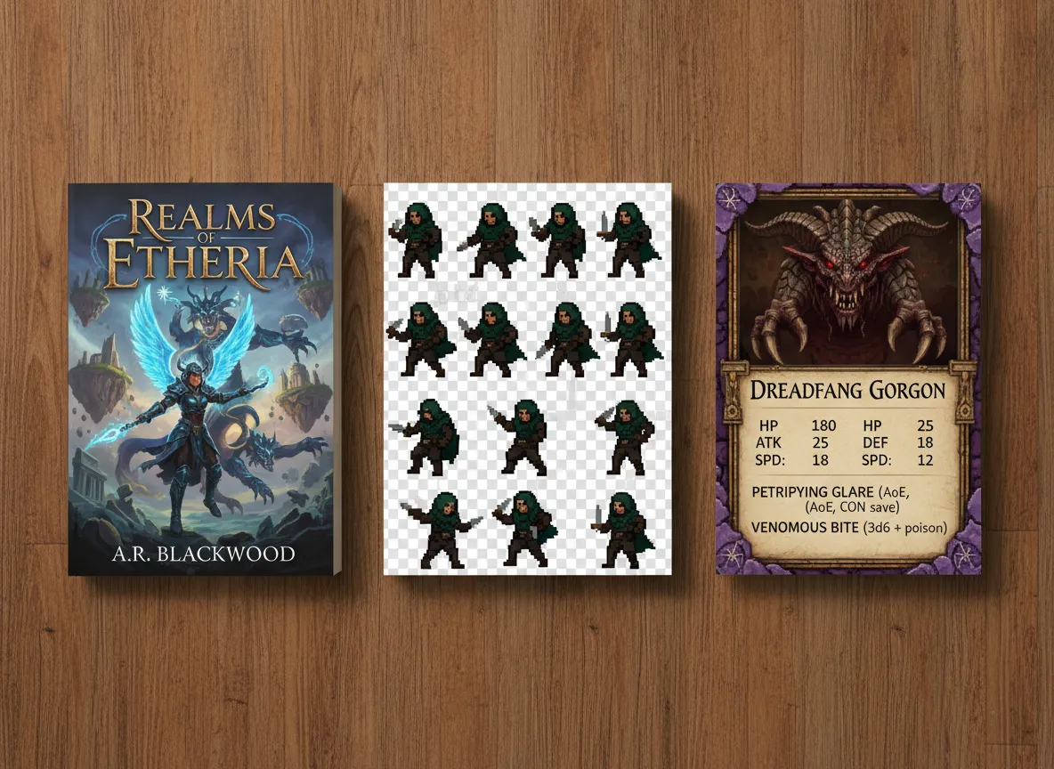 Una collezione di asset generati dall'IA: una copertina di un libro, un foglio di sprite di un personaggio e una carta mostro per un GdR da tavolo.