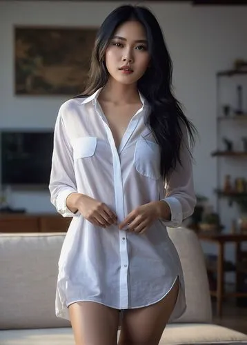 (rim lighting,beautiful lighting,nature lighting),(black hair, long hair,messy hair,(White aura body skin)),(beautiful young Thai woman  with perfect breasts),(wearing oversized shirt long-sleeves kne