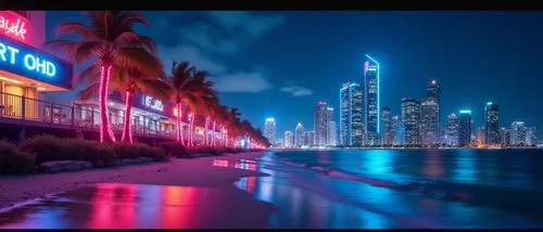 miami beach,cyberpunk,this is a nighttime scene overlooking the beach and city,outrun,night view of red rose,panama,retro diner,gulf,hotel riviera,manila,beach restaurant,long exposure,neon cocktails,