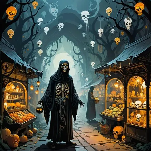 Imagine a bustling market in the underworld, filled with ghostly vendors selling eerie trinkets and skull-themed wares. Ghosts mingle with skeletal figures, while dark mist swirls around, revealing hi