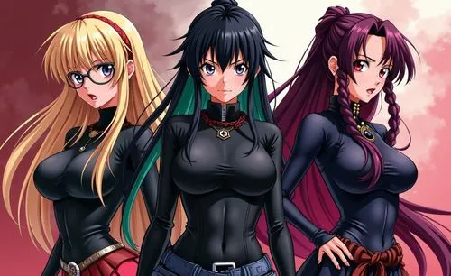 show three different beautiful woman with anime features:
woman one should be a ninja with blonde hair and glasses and grey eyes. 
woman two is dressed goth style with coreset and skirt she has black 