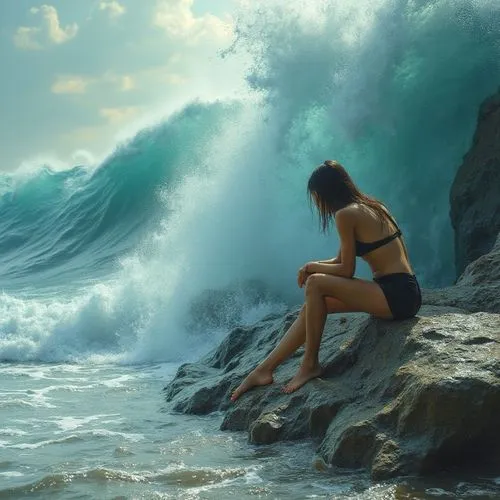 woman sitting on rock looking at large wave,ocean waves,big waves,crashing waves,rogue wave,undertow,backwash