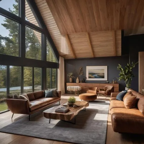 a frame living room, Black metal frame with floor to ceiling glass windows. Natural landscape outside the window,modern living room,livingroom,living room,family room,interior modern design,minotti,mi