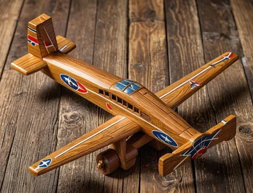 A detailed, hand-crafted oak wood toy airplane with intricate paintwork, resting on a rustic wooden surface, under warm, natural sunlight.,wooden model of a plane on wood floor,wooden toy,wooden cross