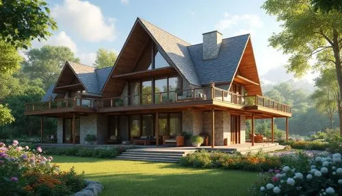 A beautiful one-story modern tropical house with a steep pointed roof, elegant wooden balcony, large glass windows, spacious veranda, natural stone walls, surrounded by lush green garden and colorful 