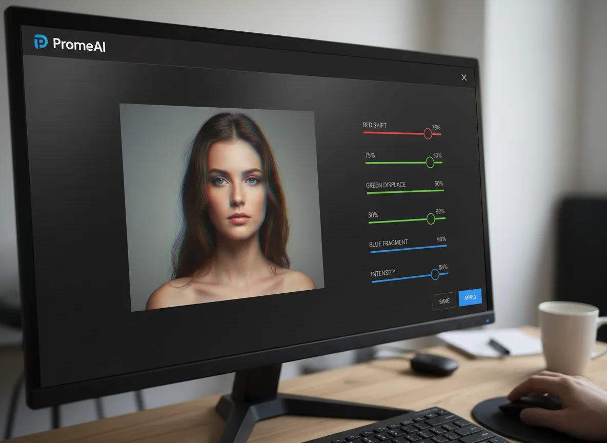 A close-up of a PromeAI user interface showing sliders to control the intensity of an RGB split effect on a portrait.