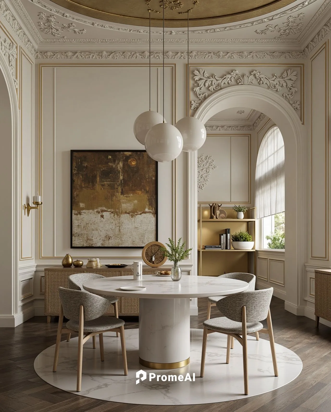 the dining room with white table and gray chairs has a ceiling with white paint - High Ceiling Penthouse Dining Room Featuring Curved