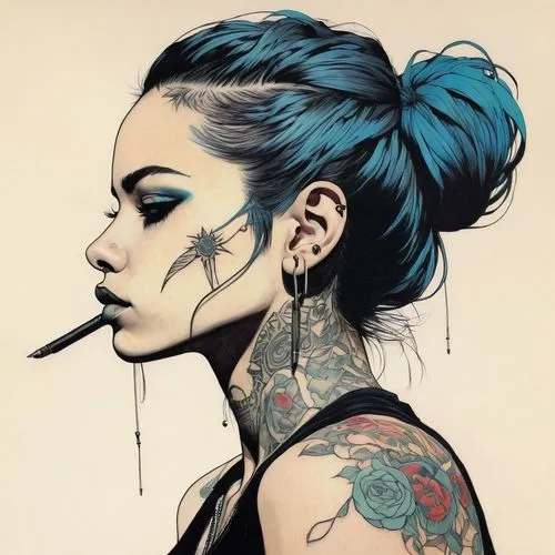  ,a woman with tattoos and piercings is staring down at her head,smoking girl,tattoo girl,girl smoke cigarette,smoke art,geisha,ink,geisha girl,tattooist,punk,cigarette,bluejay,smoker,painted lady,smo