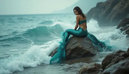 a woman in a blue dress sits on a rock with an ocean view,mermaid background,fathom,naiad,let's be mermaids,mermaid,believe in mermaids