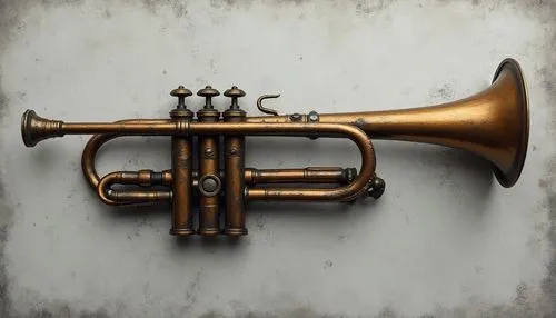 An eye level view of a  pencil drawing of a brown Trumpet on a gray concrete surface. The pencil drawing is in the position of a bow pointing to the bottom right corner of the image. Below the one tak
