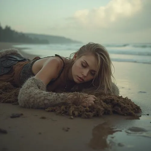 a beautiful woman laying on top of a sandy beach,girl on the dune,beached,sandy,on the shore,dark beach,girl lying on the grass