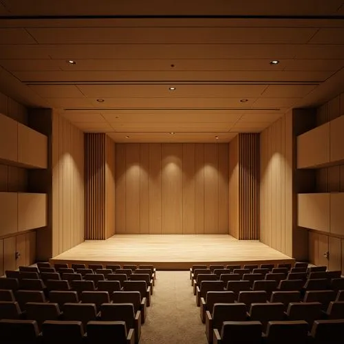 Minimalist auditorium interior, sleek wooden floors, sound-absorbing panels, curved lines, geometric shapes, subtle lighting, warm beige tones, comfortable seating, optimized speaker placement, precis